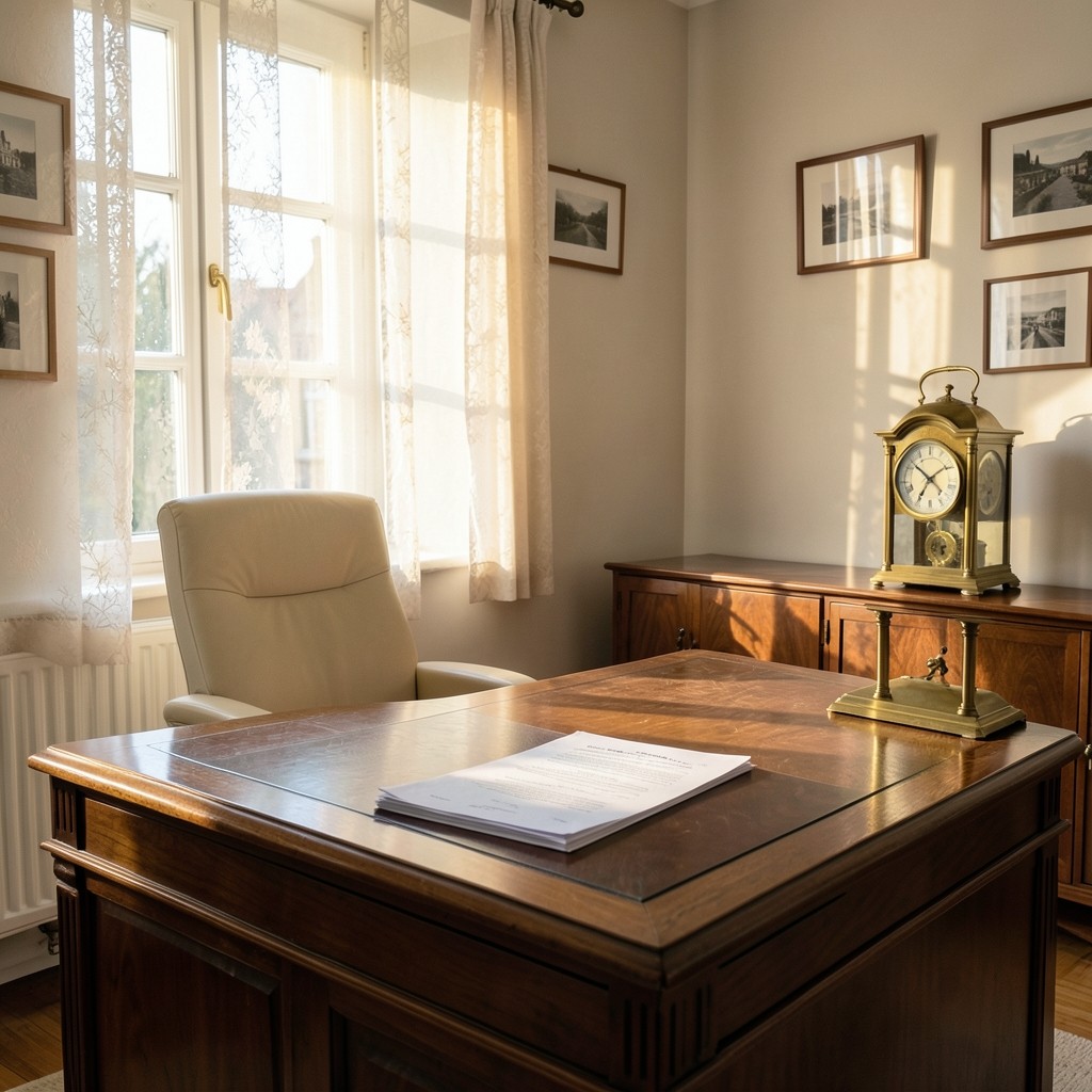 Bureau de consultation avec documents de reprise d'activité et horloge en laiton